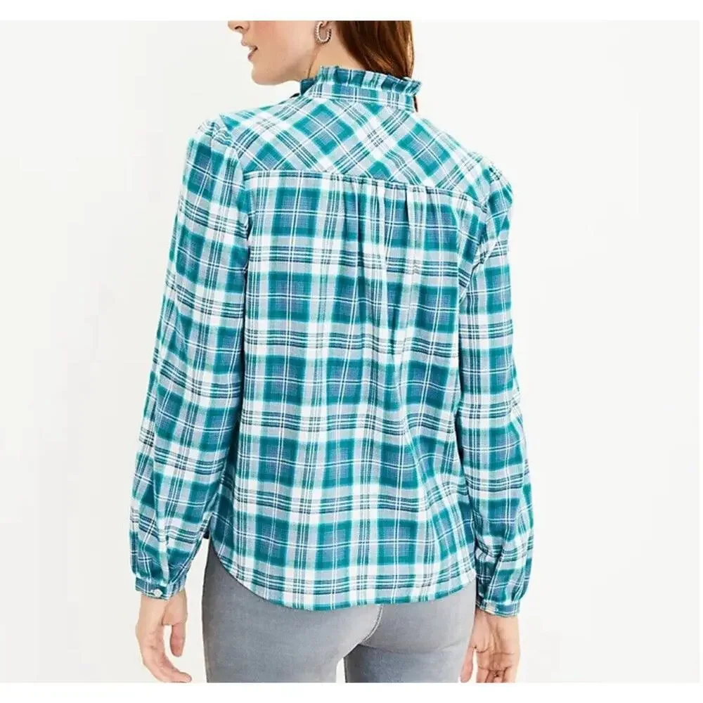 Loft Shirt Size XL Womens Blue Button Front Plaid Ruffle Collar‎ Prairie Top NEW - Picture 3 of 10